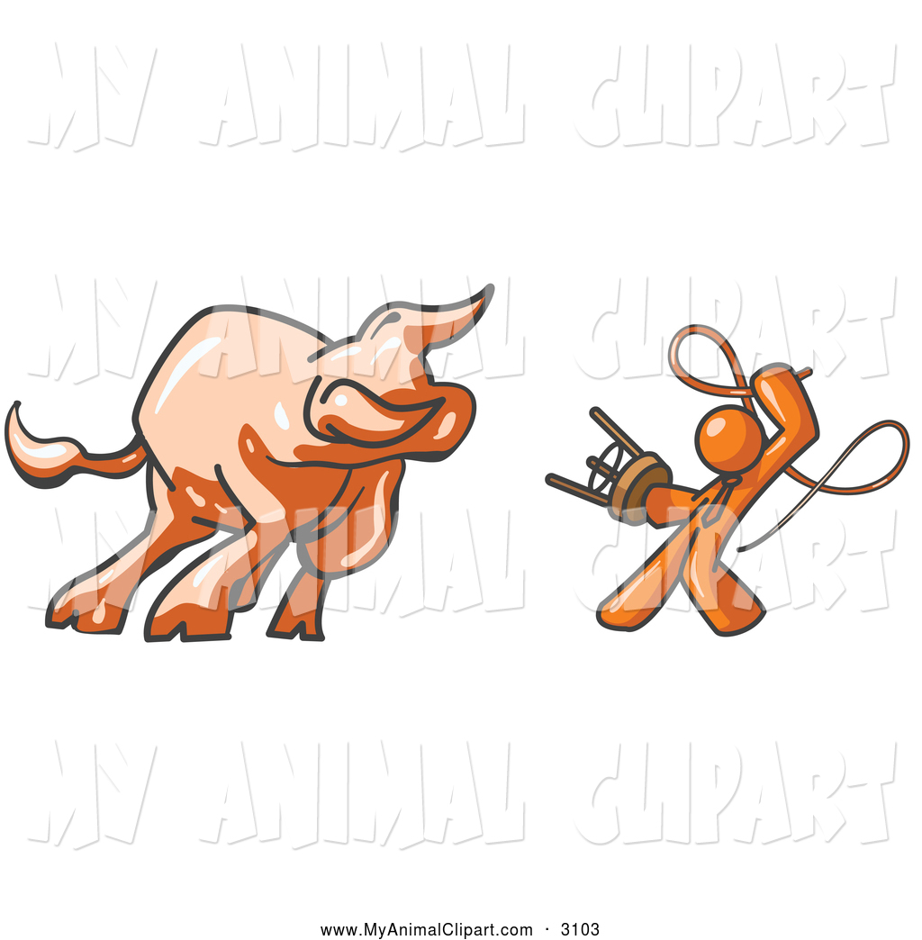 Clip Art Of A Orange Man Holding A Stool And Whip While Taming A Bull    