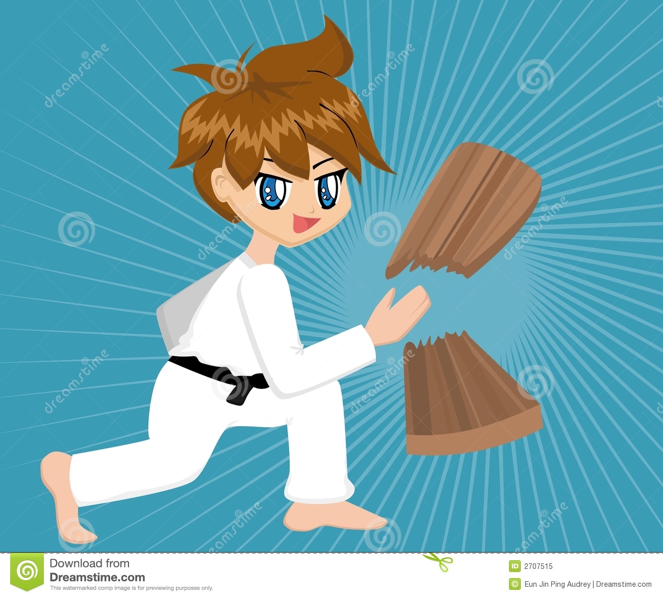 Cute Cartoon Karate Boy With Black Belt Chopping A Wooden Plank 