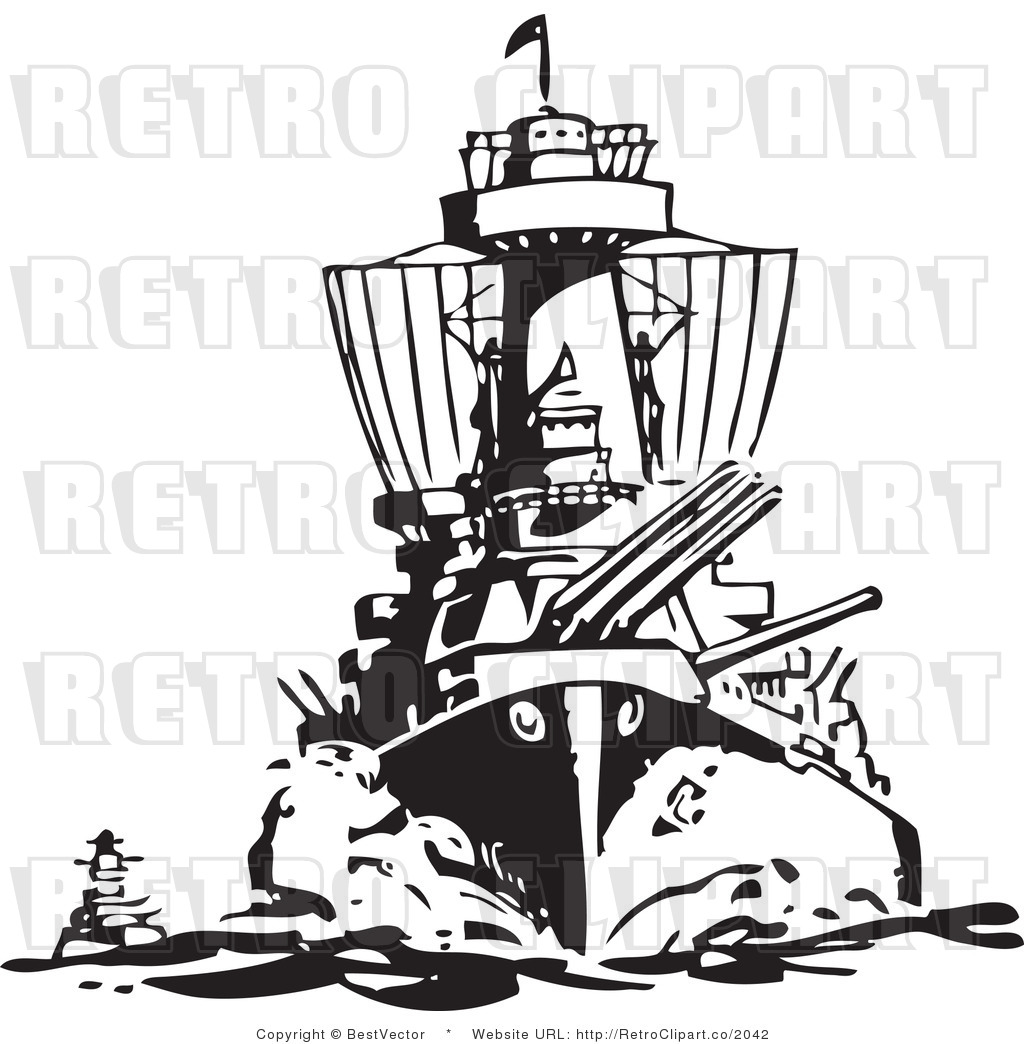 Royalty Free Black And White Retro Vector Clip Art Of A War Ship By