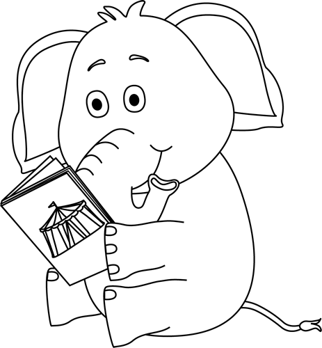 Black And White Elephant Reading Clip Art Image