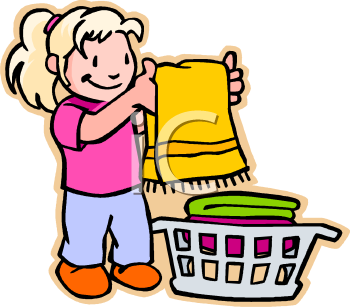 Little Girl Folding Clean Towels   Royalty Free Clipart Image