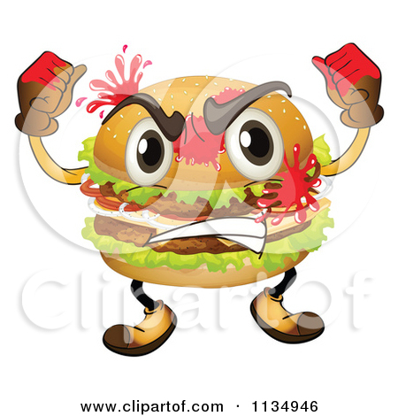     Mad Cheeseburger Splattered With Ketchup   Royalty Free Vector Clipart