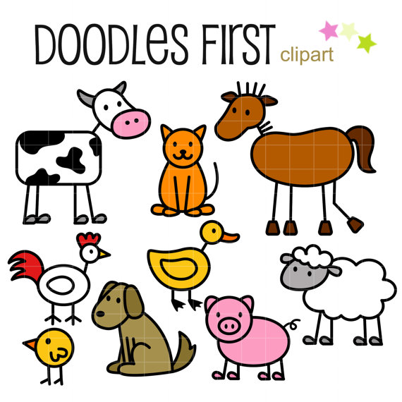 Stick Farm Animals Doodles Digital Clip Art For Scrapbooking Card