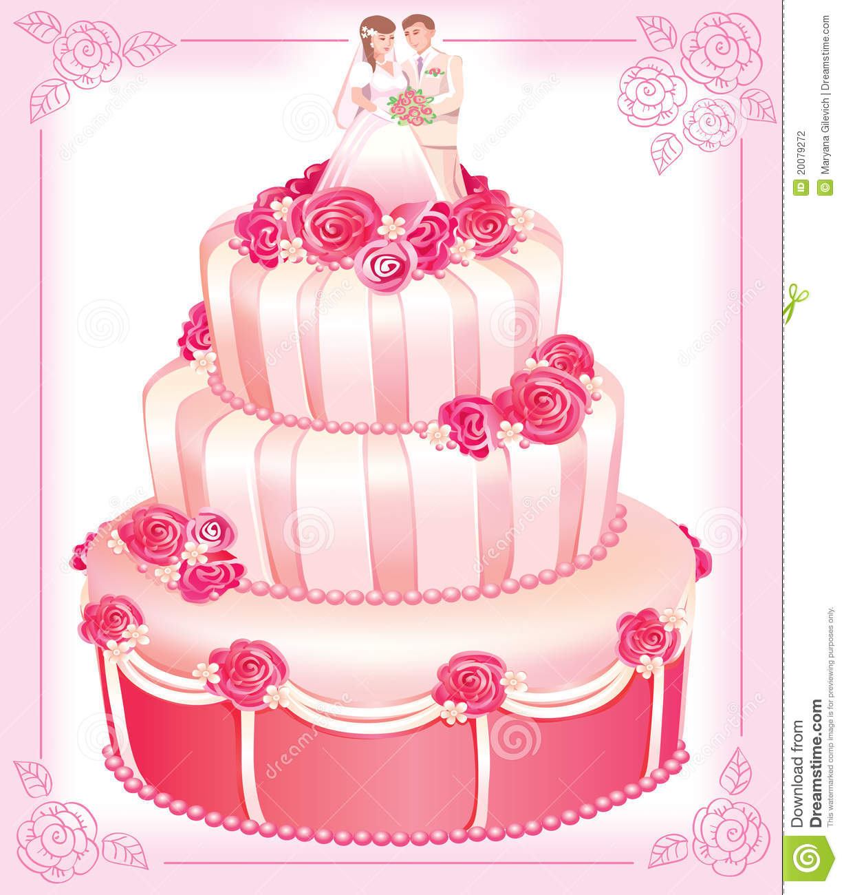 Vector Card Of Sweet Wedding Pink Cake With Red Roses