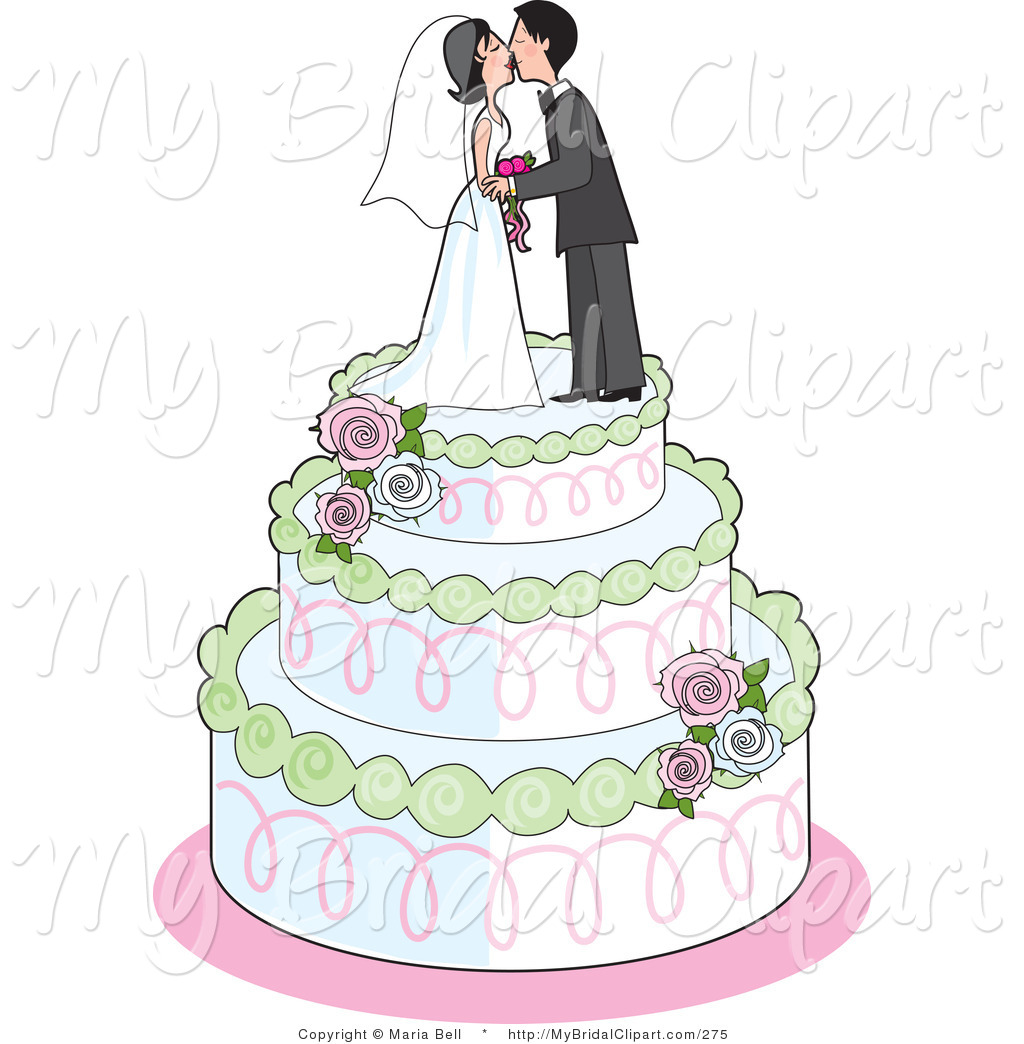 Wedding Cake With Green Trim Pink Swirls White Frosting And Pink And
