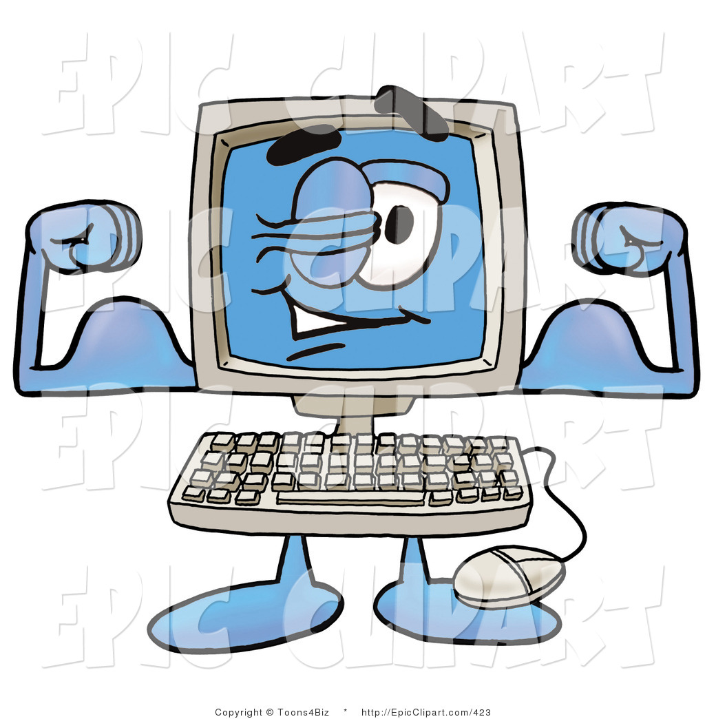 Clip Art Of A Strong Desktop Computer Mascot Cartoon Character Flexing    
