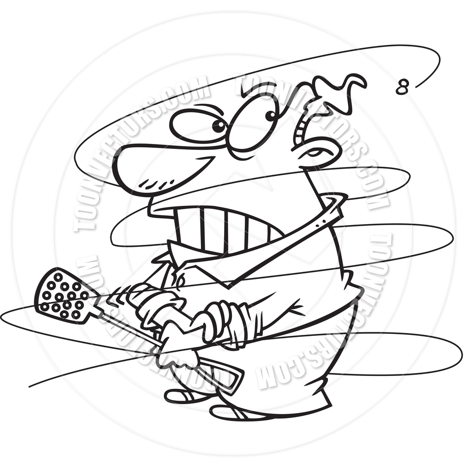Cartoon Man Swatting Fly  Black And White Line Art  By Ron Leishman    
