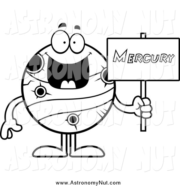 Clipart Of A Black And White Happy Planet Mercury Holding A Sign By    