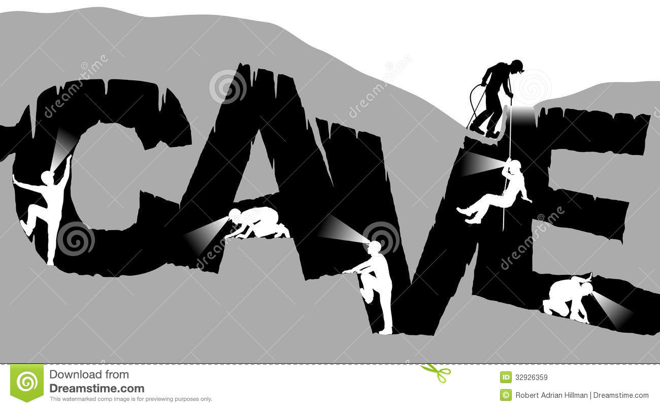 Editable Vector Illustration Of Cavers Exploring A Cave In The Shape