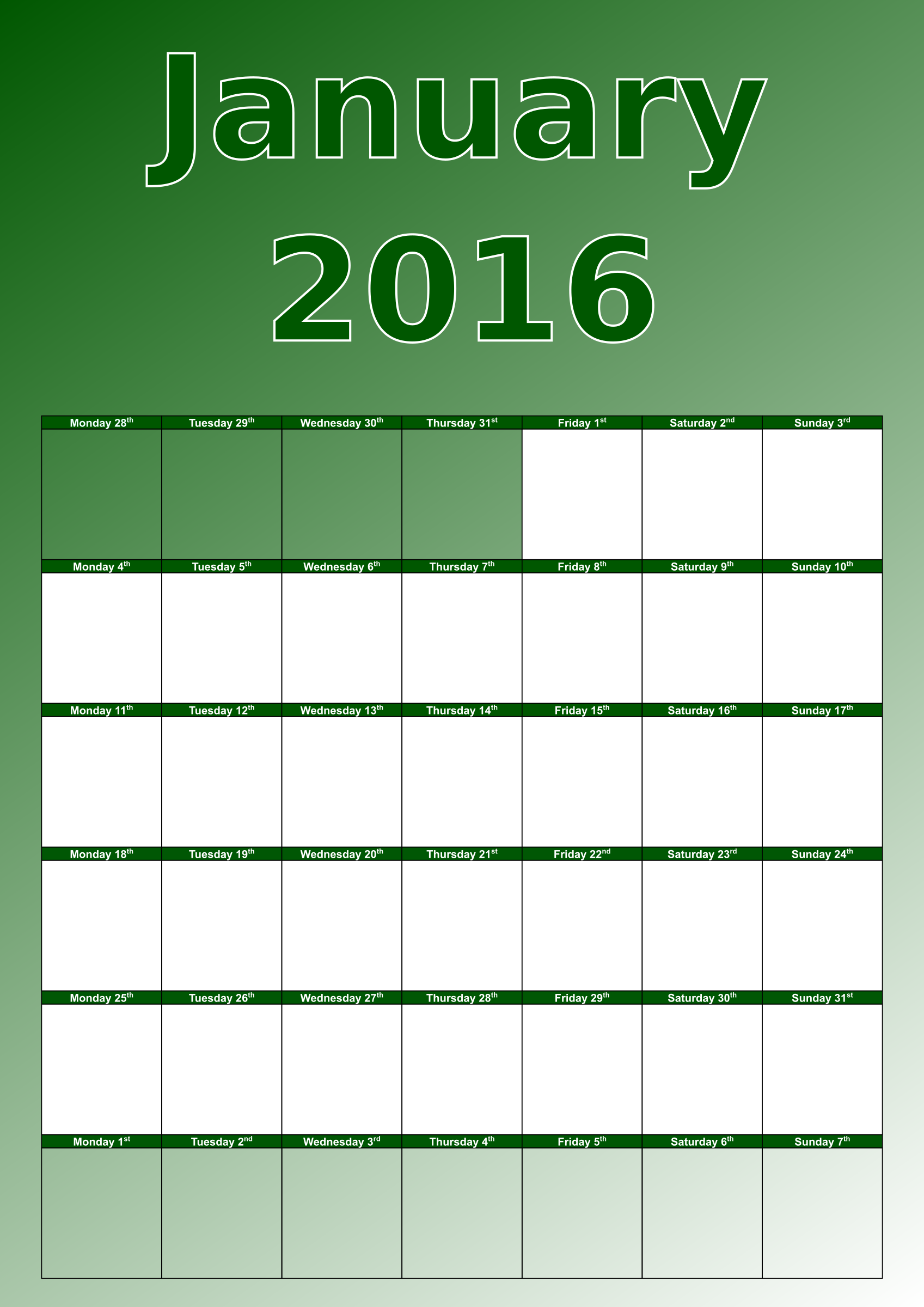 January Calendar 2016 By Firkin