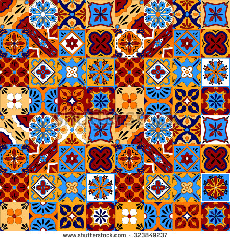 Mexican Stylized Talavera Tiles Seamless Pattern In Blue Red And