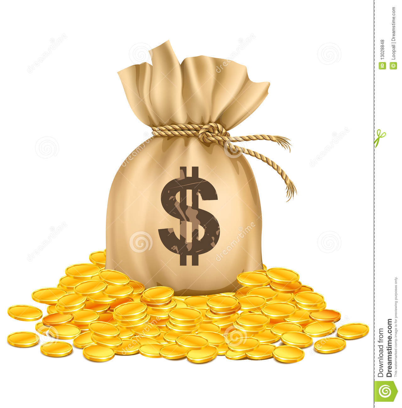 Bag With Dollars Money On Pile Of Golden Coins   Vector Illustration
