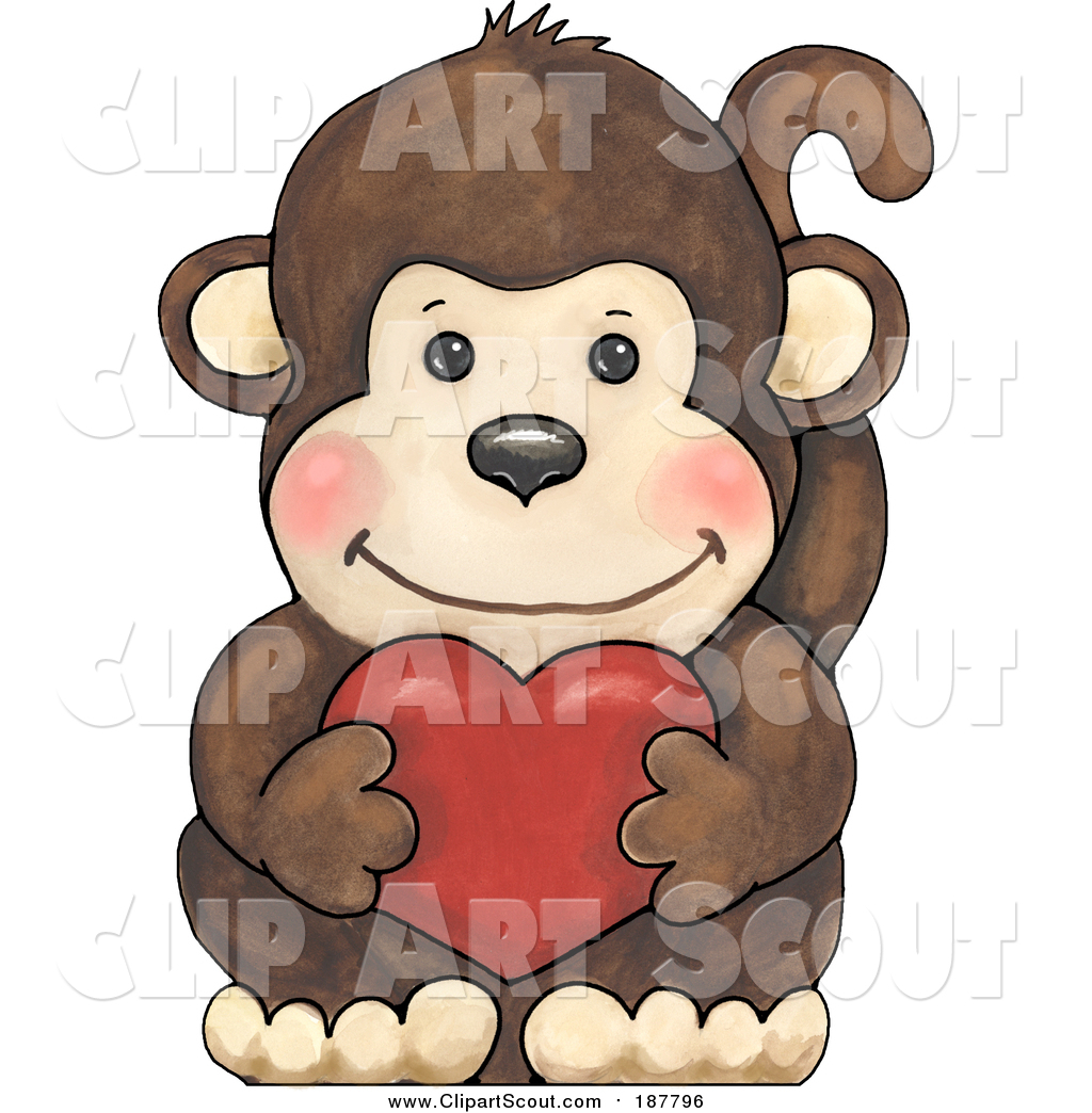 Clip Art Of A Cute Brown Monkey Holding A Banana And Waving To The