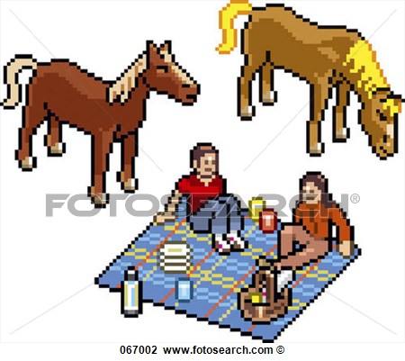 Clip Art   Two People Having A Picnic Next To Two Horses  Fotosearch    