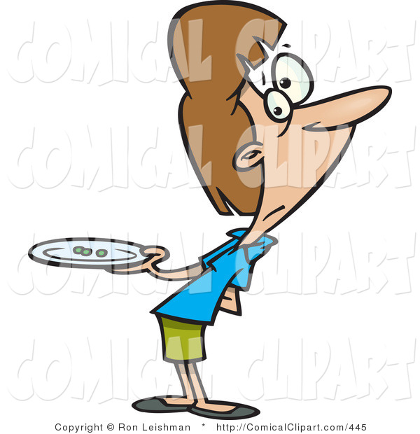 Comical Clip Art Of A Hungry Skinny Woman With Three Peas On A Plate