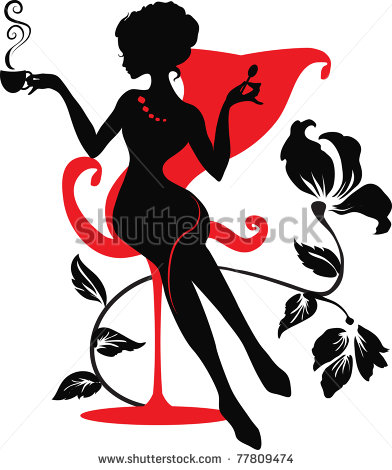 Elegant Silhouette Of Beautiful Woman With A Cup Of Coffee Or Tea