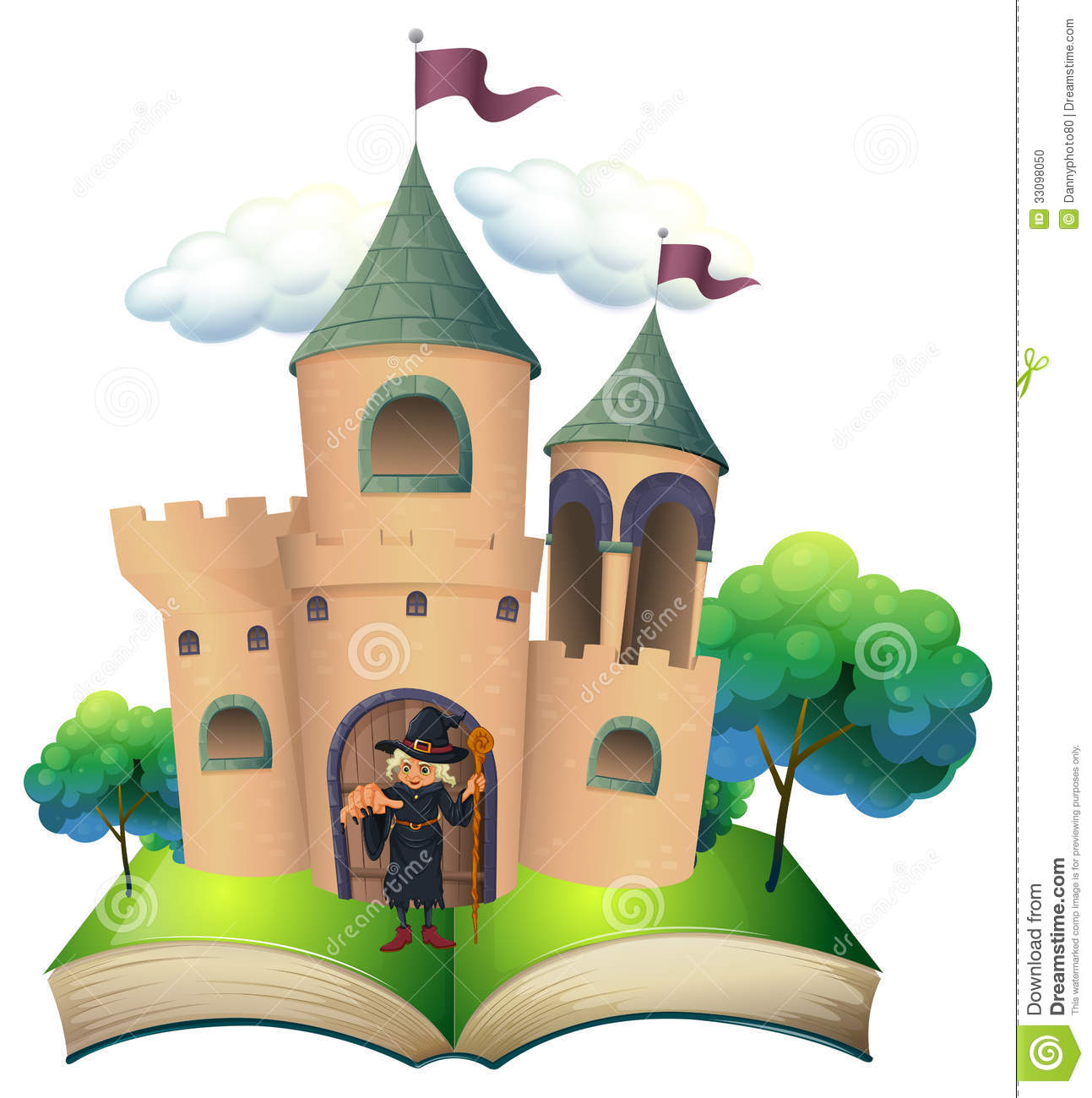 Illustration Of A Book With A Castle And A Witch On A White Background