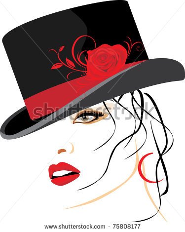 Portrait Of Beautiful Woman In A Elegant Hat With Red Rose  Vector
