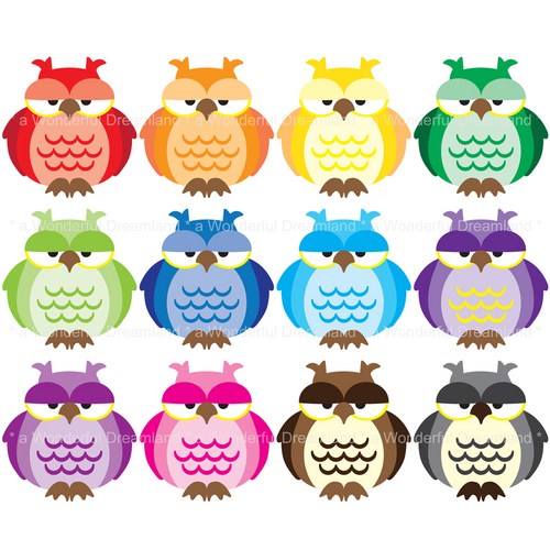 Printable Clip Art Digital Pdf Png File   A Sleepy Owl Rainbow Colors