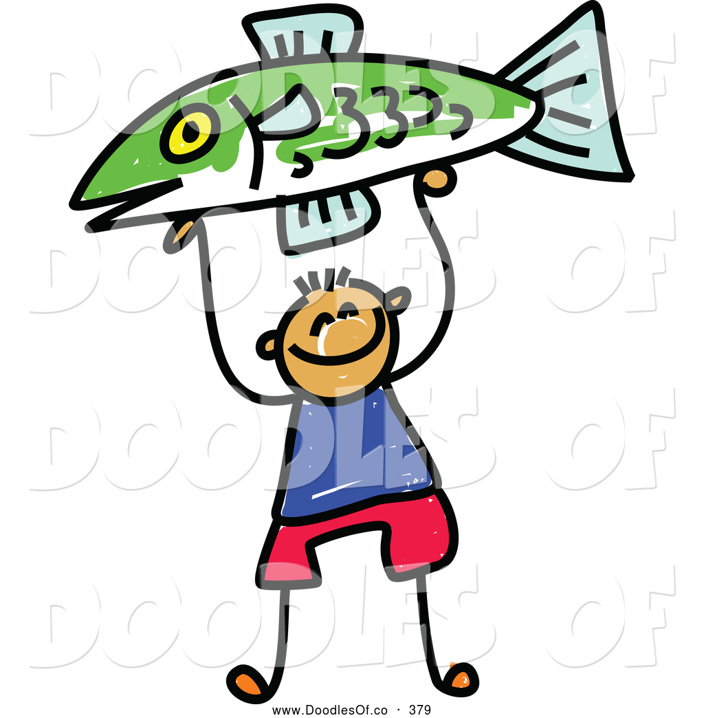 Proud Boy Holding Up A Fish Doodle Clip Art Prawny
