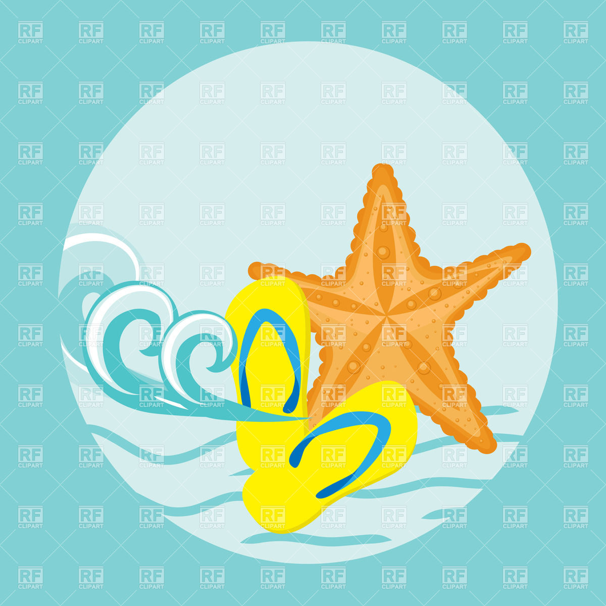 Sea Star And Yellow Slippers In The Round Frame On The Blue Background    