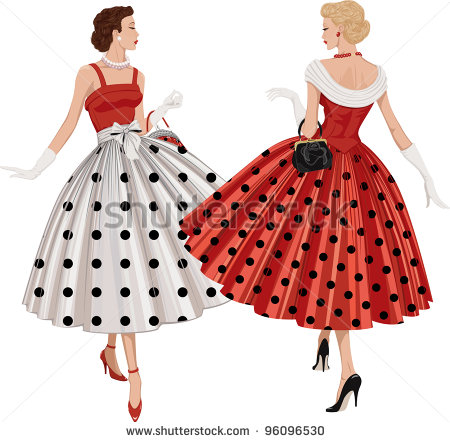 Two Elegant Women The Brunette And The Blonde Dressed In Polka Dots    