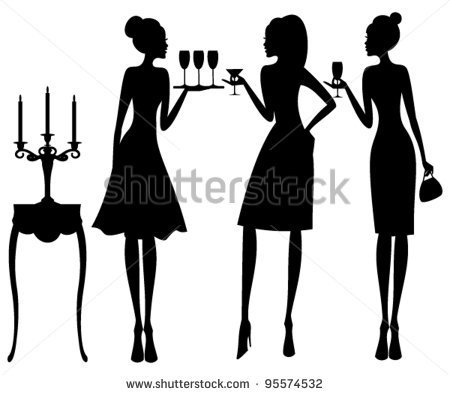 Vector Illustration Of Three Young Elegant Women At A Cocktail Party