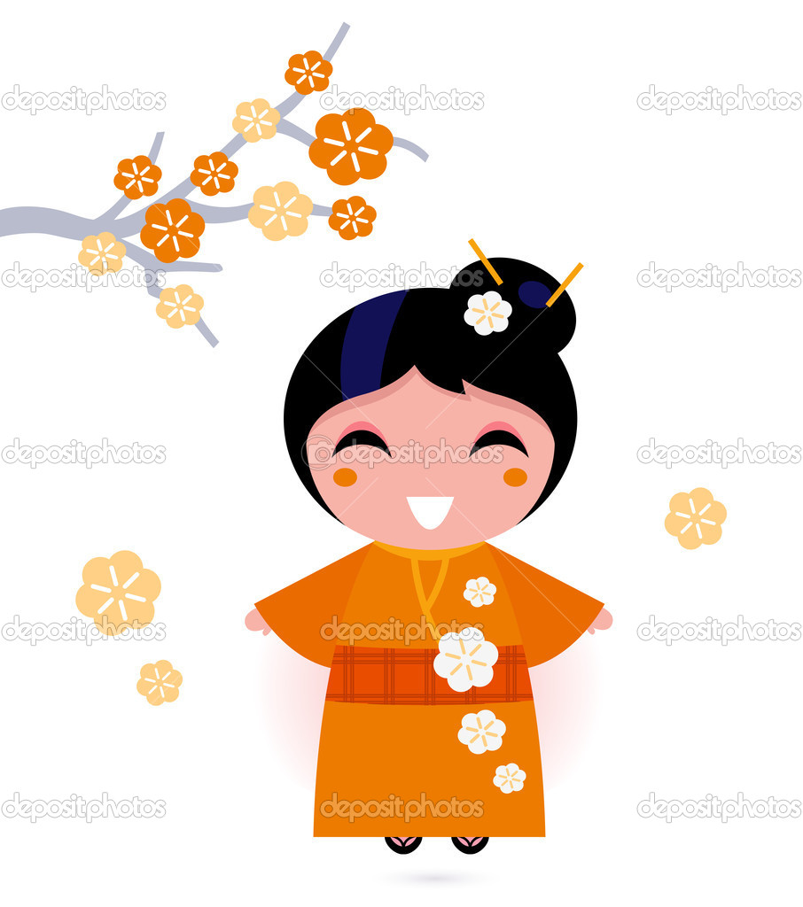 Mujer Geisha Con Kimono Naranja Aislado En Blanco   Ilustraci N De