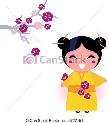 Vector   Asia Girl In Yellow Kimono Isolated On White   Stock