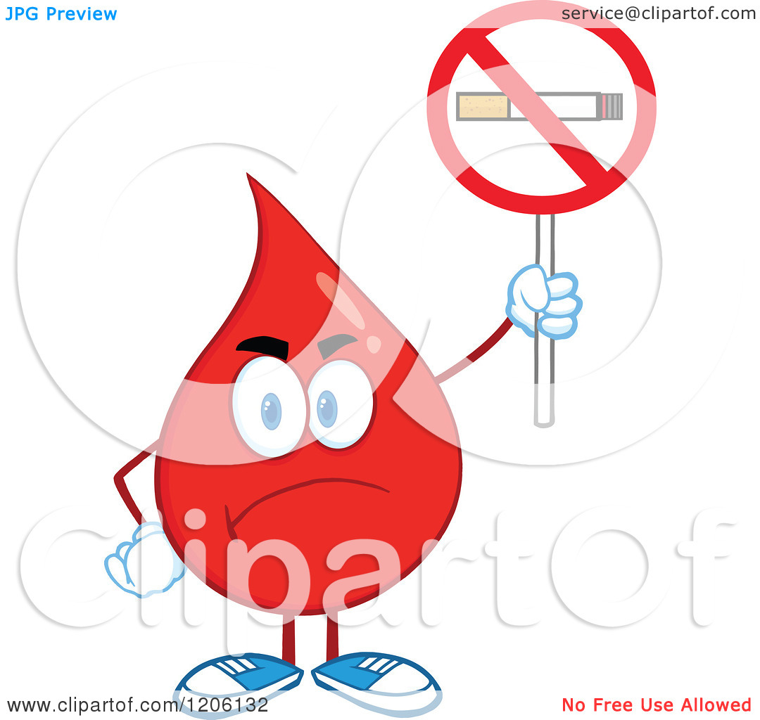 Cartoon Of A Mad Blood Or Hot Water Drop Holding A No Smoking Sign    
