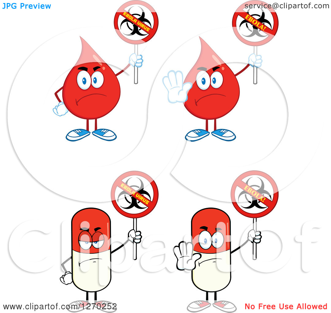 Clipart Of Blood Or Hot Water Drop And Pill Mascots Holding No Ebola
