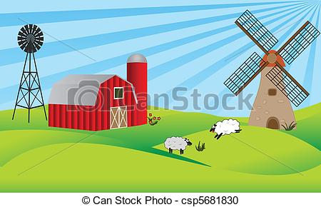 Vector Clipart Of Farmland With Barn And Windmill   Farmland With Barn