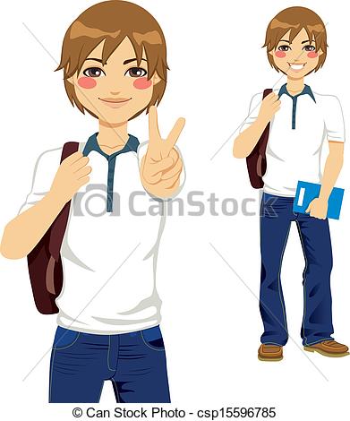 Vector Of Handsome Student Teen   Handsome Student Boy Making Victory