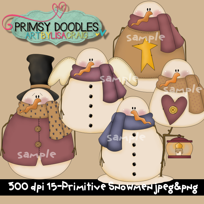 15 Primitive Snowmen Clipart