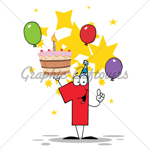Clipart Illustration Number One With Birthday Cake And One Candle Lit