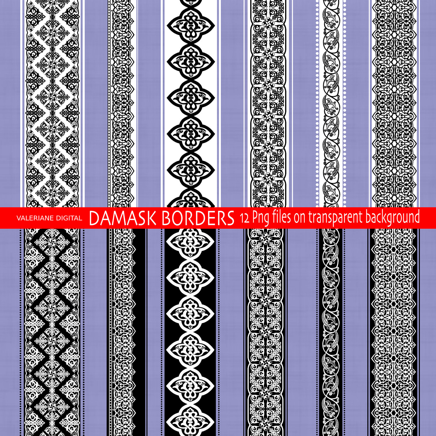 Damask Vertical Digital Borders Clip Art In Black And White   Clipart
