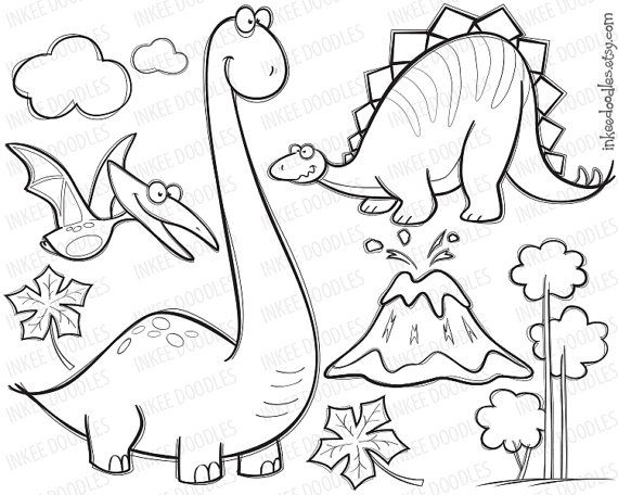 Dinosaur Clipart Digital Stamp Black Doodle Cute Pterodactyl