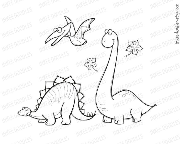 Dinosaur Clipart Digital Stamp Black Doodle Cute Pterodactyl Stegosau