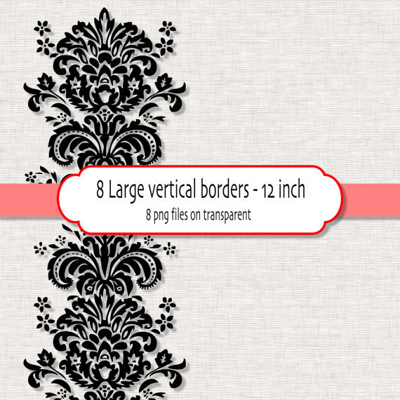 Large Vertical Borders In Black Damask  Digital Clipart Border   Png
