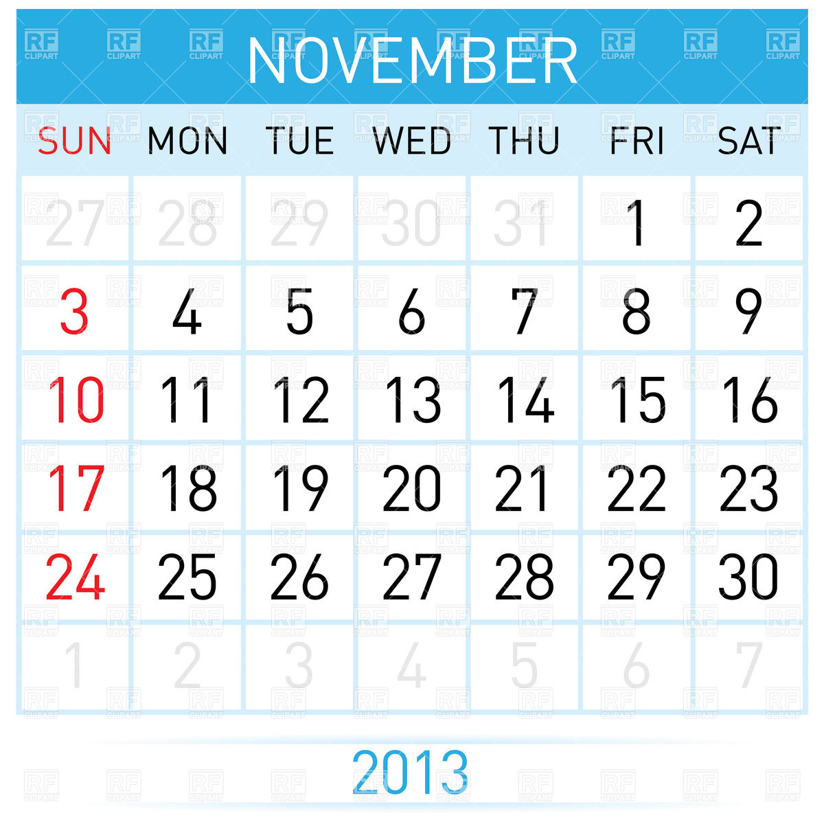 November 2013 Month Calendar Download Royalty Free Vector Clipart