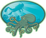 Octopus And Diver Illustration Of An Octopus And A Diver Among A Coral