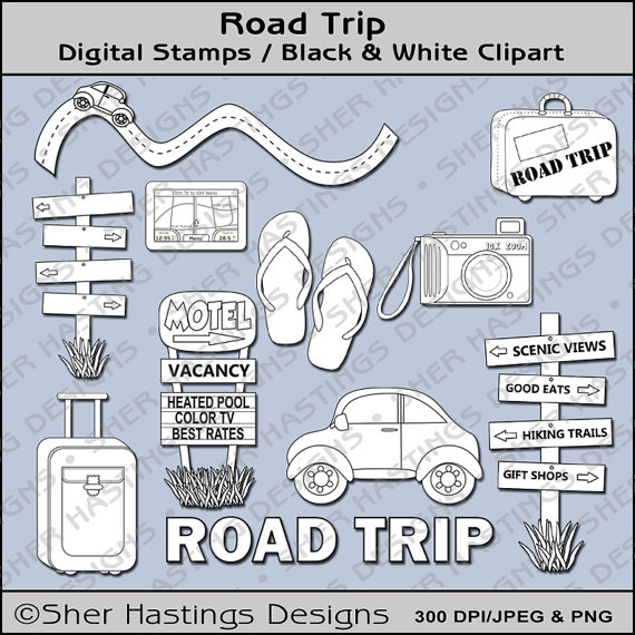 Road Trip Digital Stamp   Vacation Black And White Clipart   Travel