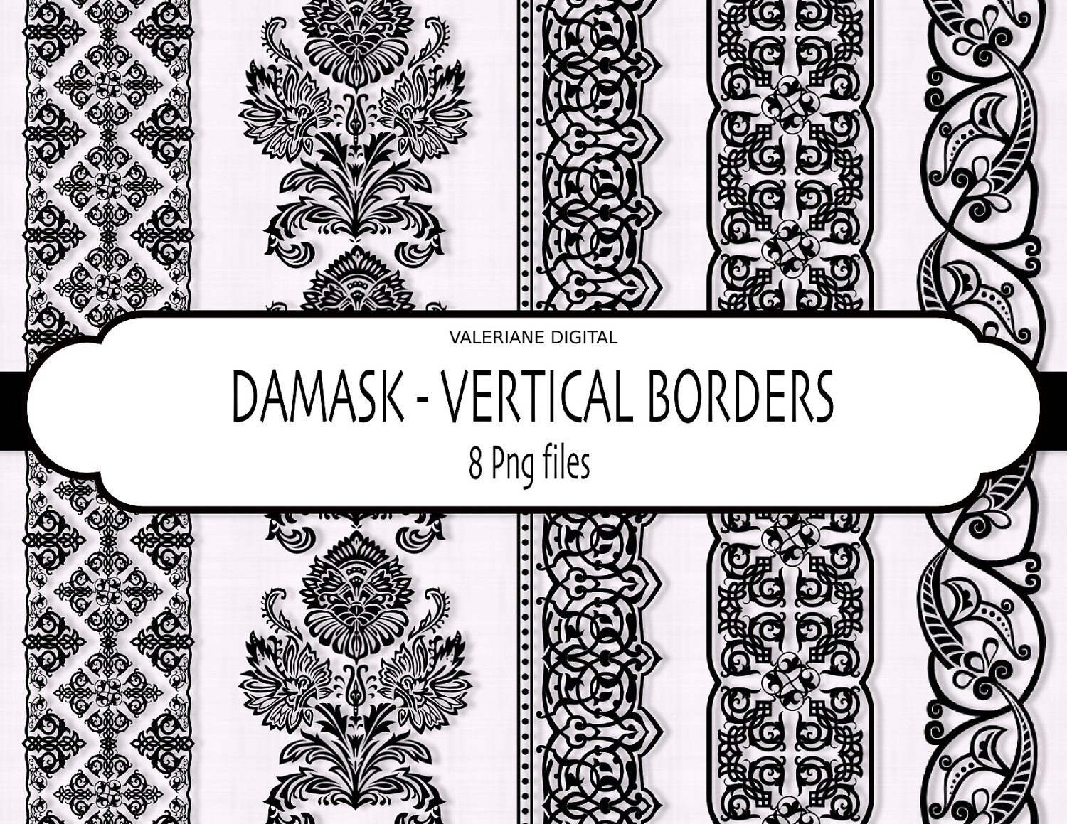 Vertical Borders In Black Damask Digital By Valerianedigital