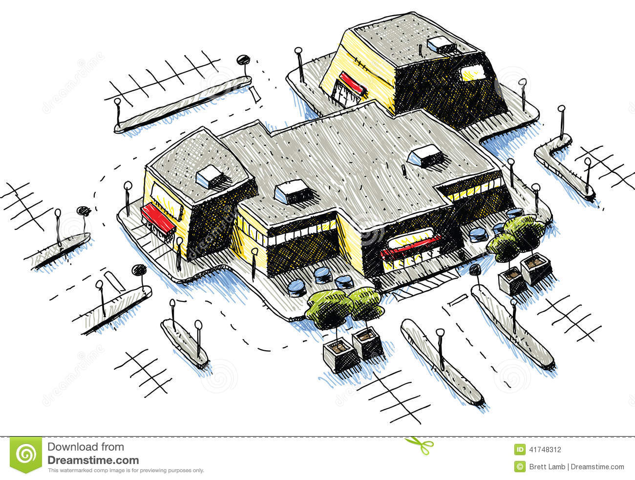 An Aerial View Of A Cartoon Shopping Mall And Parking Lot