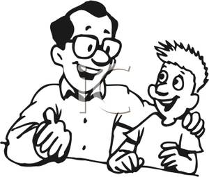 Black And White Cartoon Of A Father And Son Conversing   Royalty