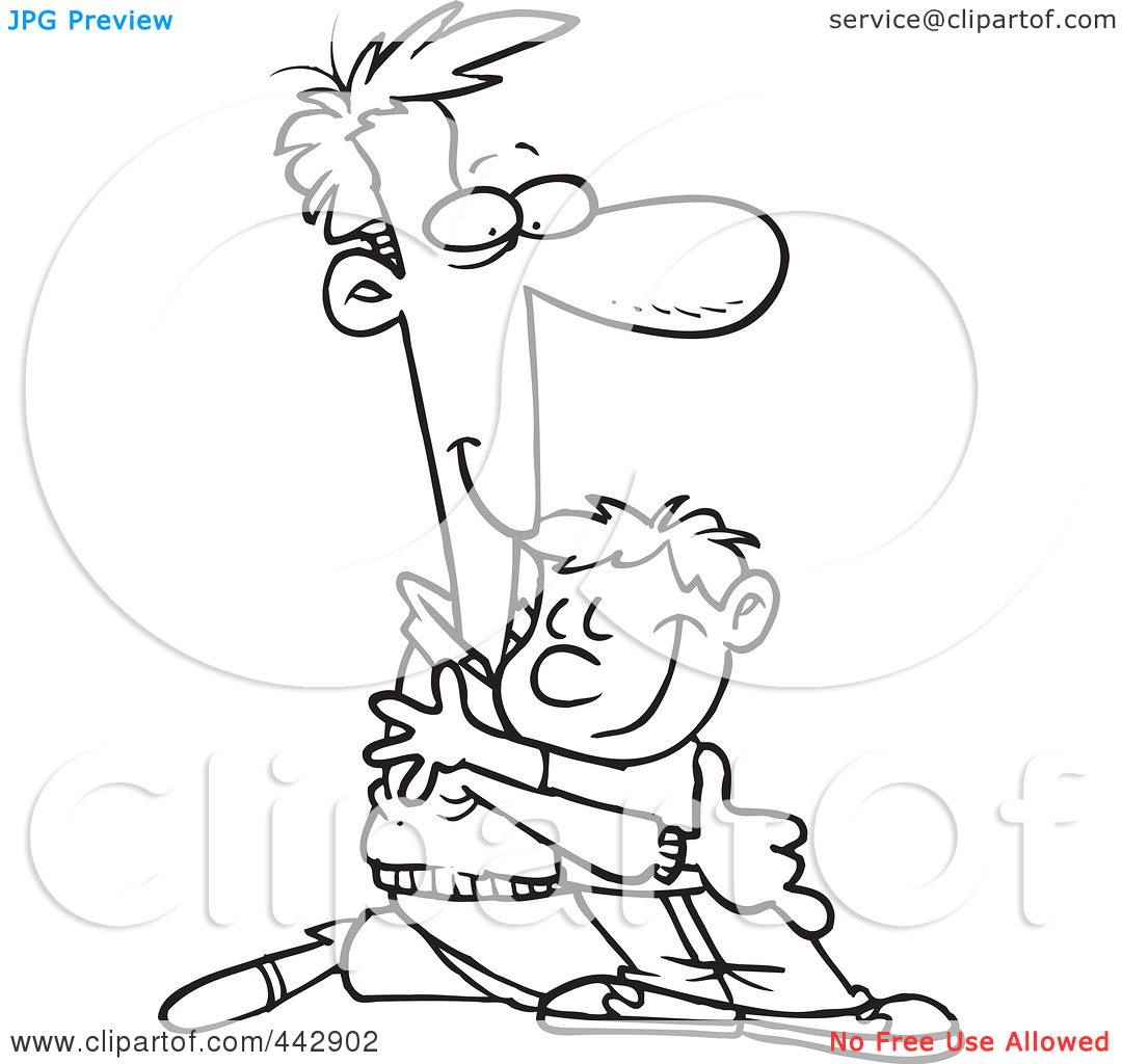 Black And White Outline Design Of A Father Kneeling To Hug His Son By
