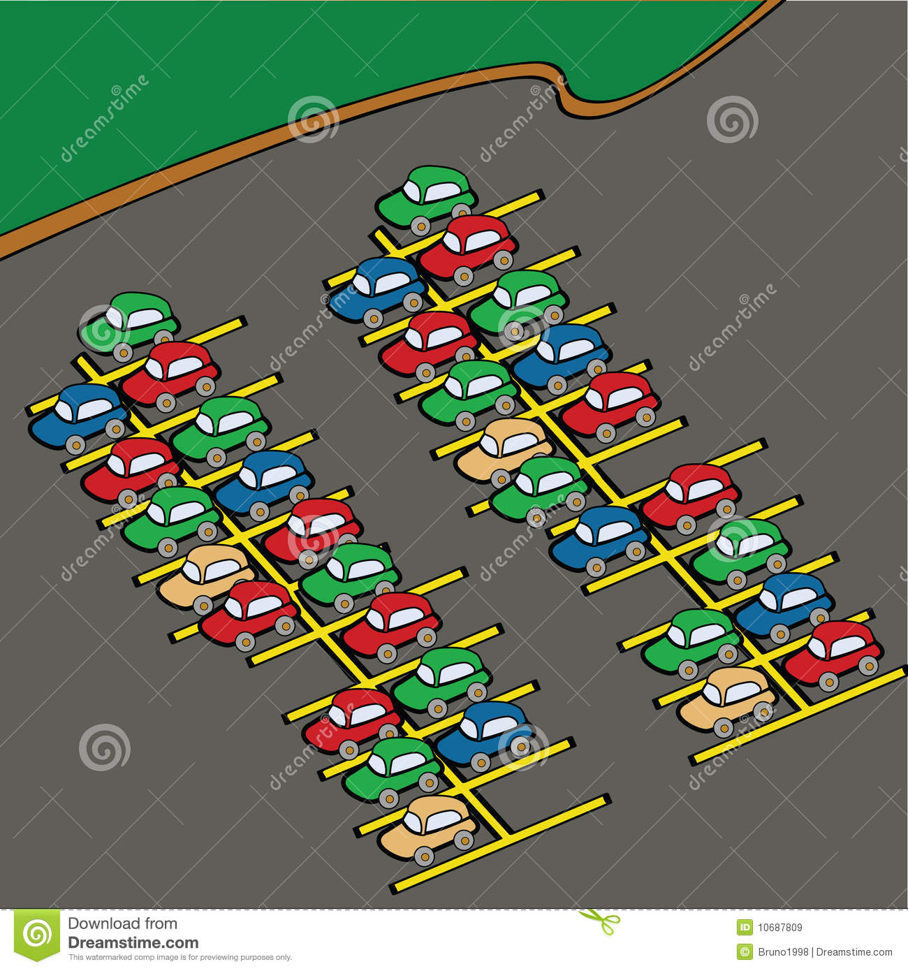 Cartoon Illustration Of Different Colored Cars On A Parking Lot