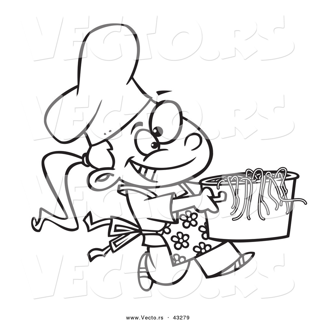 Chef Carrying A Pot Of Pasta   Coloring Page Outline By Ron Leishman