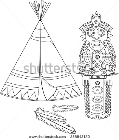 Coloring With An Indian Tepee And Totem Poles   Stock Photo