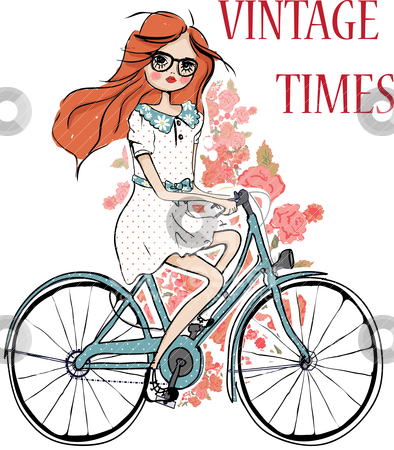 Fashion Girl With Flower And Bicycle Stock Vector Clipart